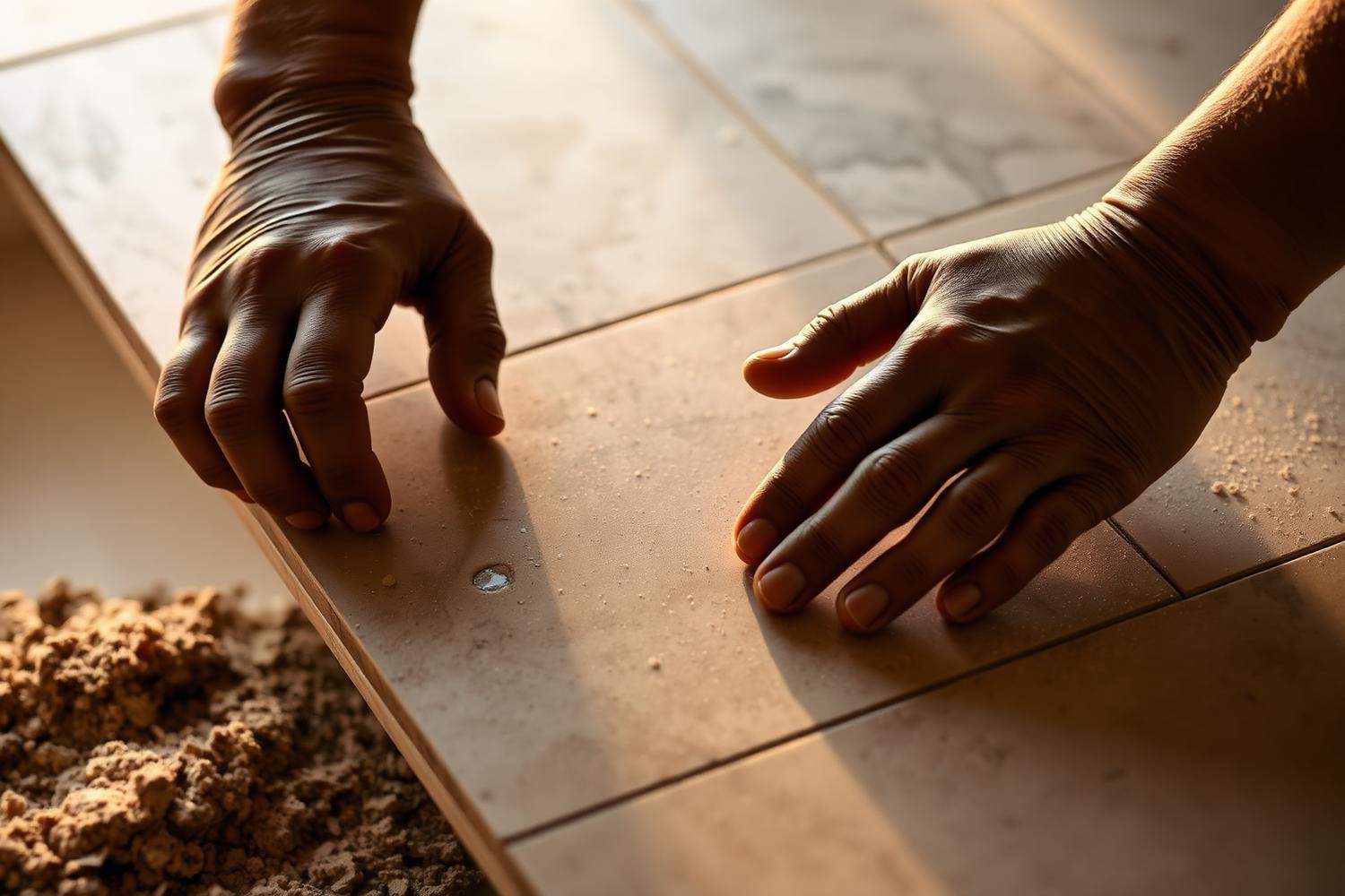 Hands placing a stone tile